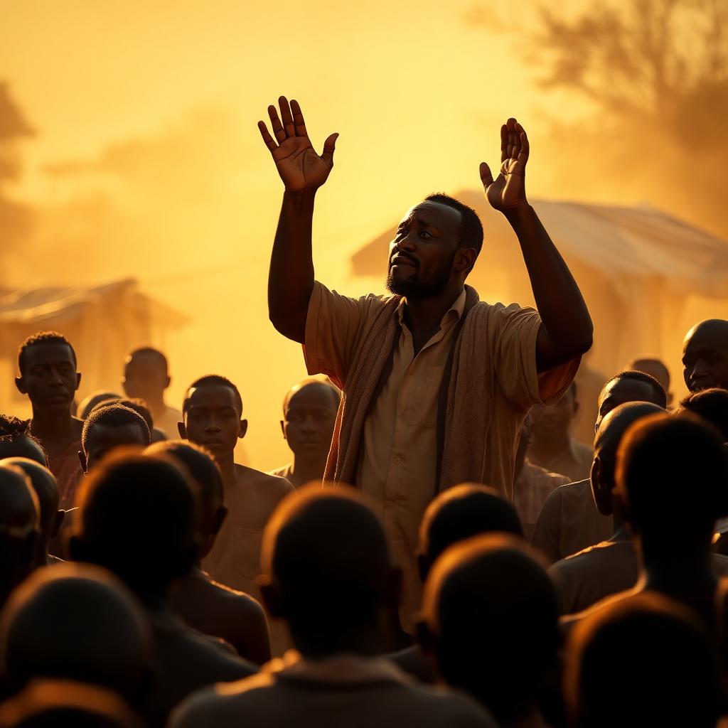 On the mission field — the anointed servant lifts hands over the poor.