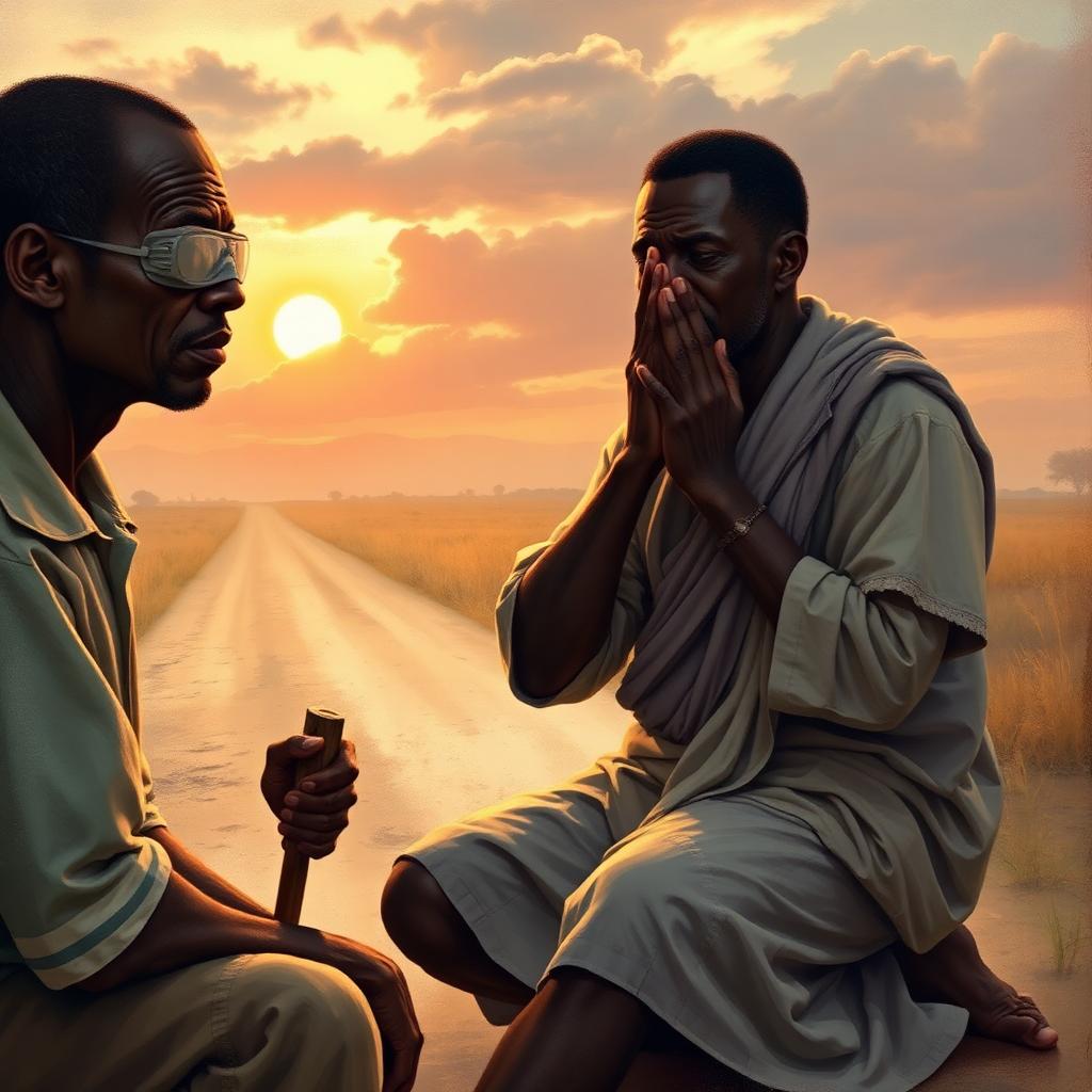 Conditions you may meet: clouded eyes, a walking stick, begging by the roadside — ask what they want, then declare sight.
